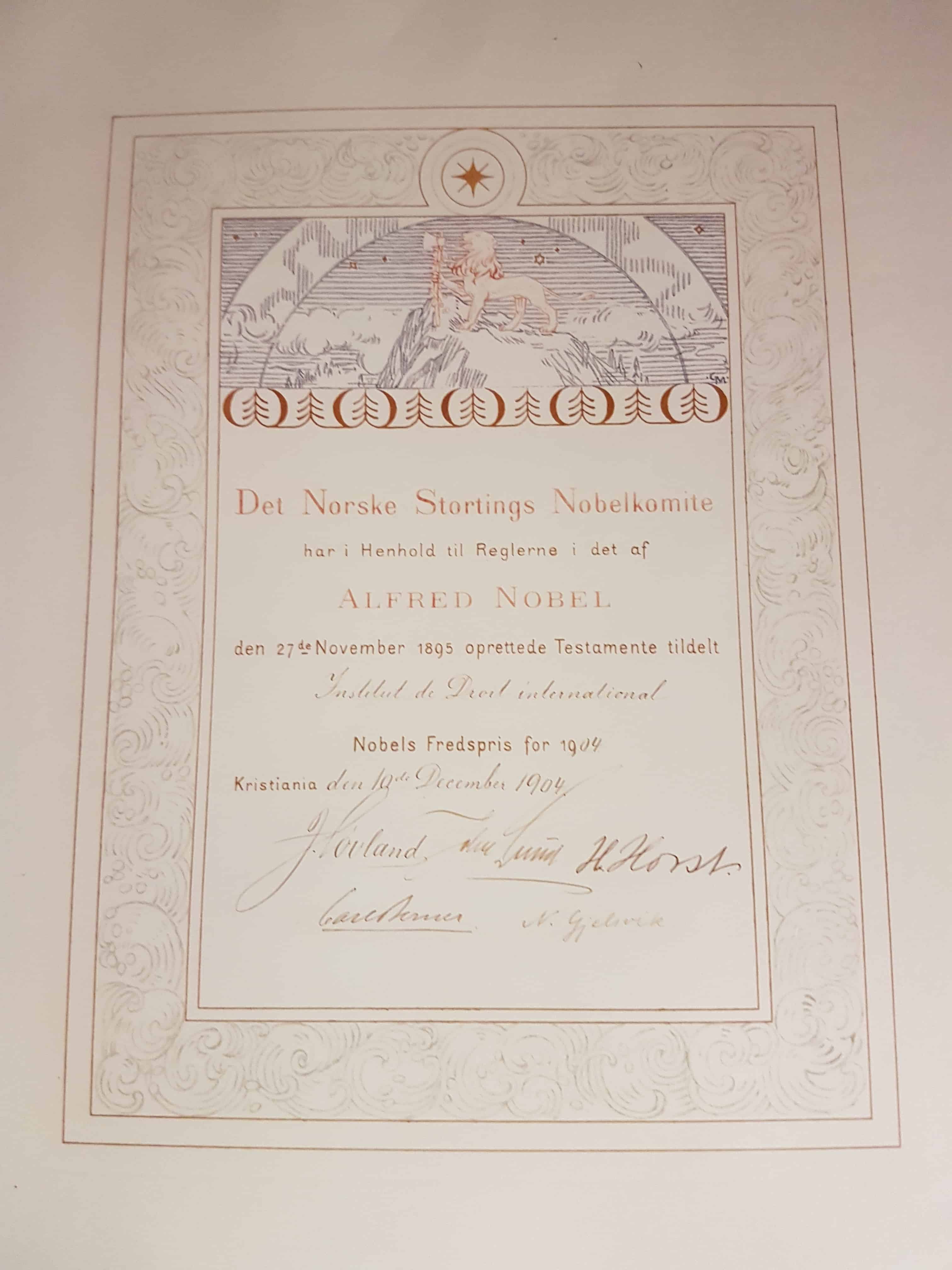 nobel peace prize certificate